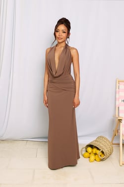 Silk Essence Halter Maxi Dress Brown