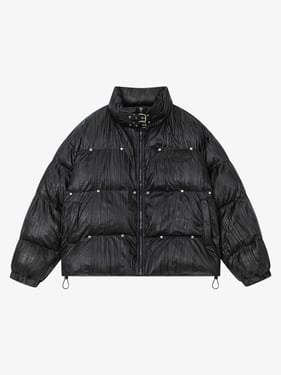Retro Buckled High-Neck Crinkle Puffer Jacket - Black / XL