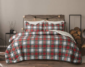 QE Home Plaid Sherpa Backed Quilt Set, Geometric, Blue, King