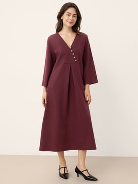 Cotton Asymmetric V-Neck Pleat Maxi Dress BELLATRIX - Burgundy Red / XXL