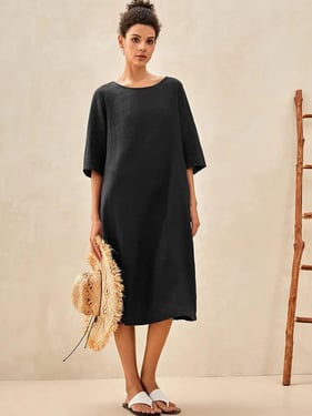 100% Linen Collarless Mid-Length Dress SOFIA - Charcoal Black / XXL