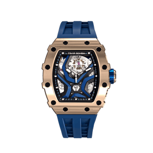 TSAR BOMBA Elemental Series Gold Blue Luxury Men's Automatic Watch 閳ワ拷Skeleton Mechanical Dial, Stainless Steel Bezel, Sapphire Crystal, Stainless Steel Case, Fluoroelastomer Strap, 50M Water-Resistant, A+ Lume