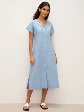 Linen Ladder Tie Simple Dress TAMARA - Powder Blue / XXL