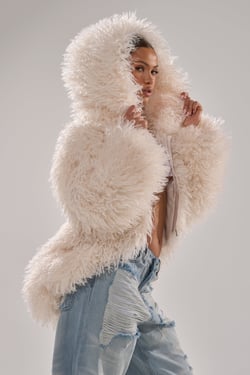 AKIRA Look At Me Now Hooded Fur Bomber Jacket In Ivory | Size 1X/2X