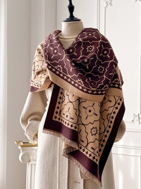 Double-Sided Floral-Jacquard Fringed Scarf - Coffee Print / One Size