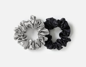 QE Home 100% Mulberry Silk Scrunchies in Black & Silver (Set of 2)