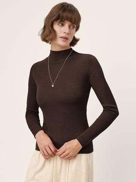 100% Extra-Fine Merino Wool Mock Neck Knit Sweater TIA - Chocolate Brown / L