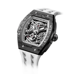 TSAR BOMBA Men's Automatic Watch | Elite White | Stainless Steel Case | Carbon Fiber Bezel | Japanese Mechanical Skeleton Movement | Luxury Sport Wristwatch | Elemental TB8228CF