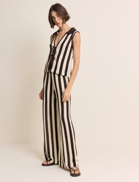 Brown And Cream Crochet Striped Trousers