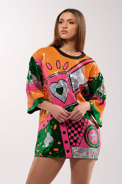 AKIRA House Of Hearts Sequin T-Shirt Dress | Size Large/XL