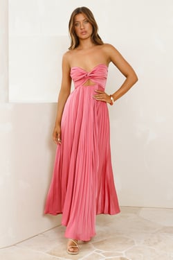 Vibes Are Priceless Strapless Satin Pleated Maxi Dress Rose