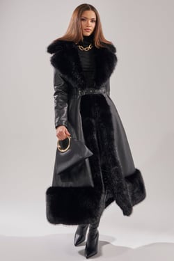 AKIRA Vivan Long PU Trench With Faux Fur Trim | Black | Size Large