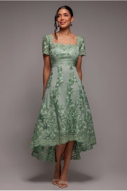Goddiva Scalloped Neck Embroidered Lace High Low Midi Dress - Sage Green