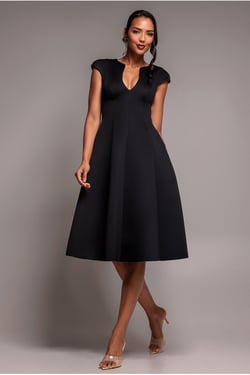Goddiva Cap Sleeve Plunging V-Neckline A-line Midi Dress - Black
