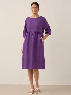 100% Linen A-Line Midi Dress VALENCIA - Dark Purple / XXXL