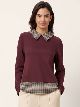 Cotton Plaid Panel Long Sleeve Top RAYNA - Burgundy Red / XXL