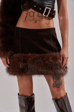 AKIRA Wild Side Fur Trim Mini Skirt | Brown | Size 1X