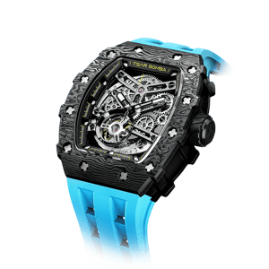 TSAR BOMBA Men's Automatic Watch | Carbon Fiber Luxury Skeleton Wristwatch | Fashion Blue | Elemental TB8208CF | Tonneau Mechanical Watch | Sapphire Glass | 50M Waterproof Sport Watch | Gift for Men