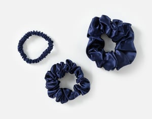 QE Home 100% Mulberry Silk Scrunchies in Navy (Set of 3), Blue