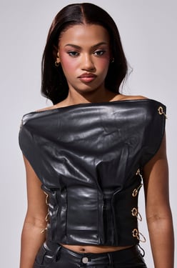 AKIRA Begging Me To Leave Faux Leather Blouse With Grommets | Black | Size Large