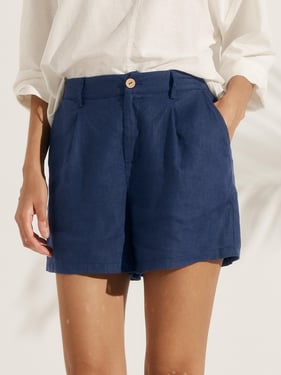 100% Linen Pleated Linen Shorts ELLEN - Navy Blue / M