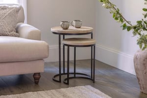nkuku Aasha Carved Mango Wood & Iron Nesting Side Tables Set Of 2 | Tables | Natural