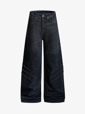 Washed Pleated Baggy Jeans - Dark Blue / 2XL
