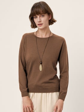 100% Extra-Fine Merino Wool Essential Crew Neck Knit Sweater BRIDGET - Walnut / XXL