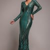 Goddiva Two Toned V Neck Sequin Maxi - Emerald Green
