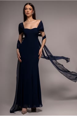 Goddiva Multiway Cape Chiffon Sweetheart Maxi Dress - Navy Blue
