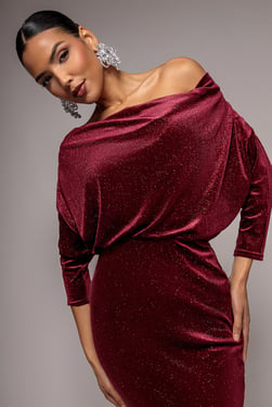 Goddiva Glitter Velvet Cowl Neck Sheath Midi Dress - Wine