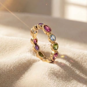 18ct Gold Plated Colourful Stones Eternity Ring - S (UK - 60mm)