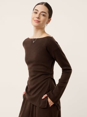 Merino Wool Boat Neck Asymmetric Hem Top LORELEI - Espresso Brown / L