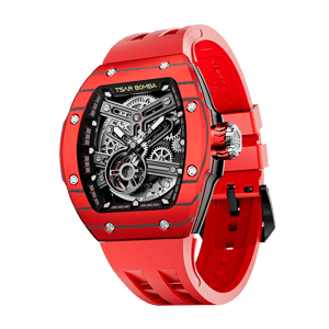 TSAR BOMBA Men's Automatic Skeleton Watch | Interchangeable Luxury Design | Red | Atomic TB8218 | Carbon Fiber