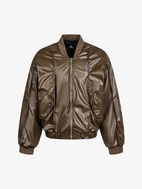 Retro Brown Faux Leather Zip-Up Bomber Jacket - Coffee / 2XL
