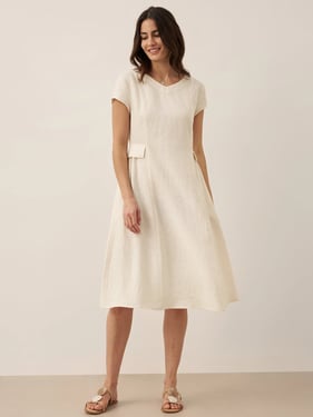 100% Linen Natural Summer V-Neck Dress ALEXA - Ivory / XXL