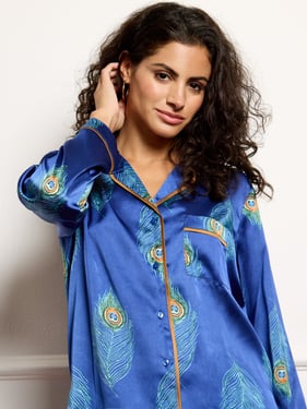 Womens Satin Traditional Pyjamas Navy Peacock Feather - 3XL / 22-24 / Blue