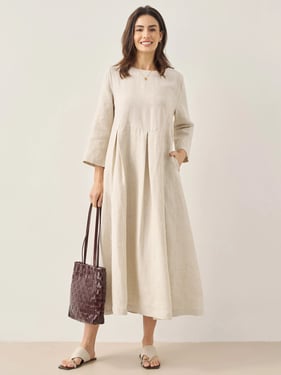 100% Linen Bateau Neck Pleated Maxi Dress ABIGAIL - Natural Linen / XXL