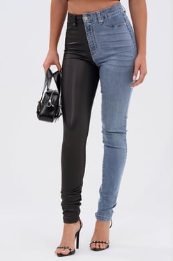 AKIRA Flex Fit Extreme Stretch Half And Half PU High Waist Skinny Jean | Black | Size 32