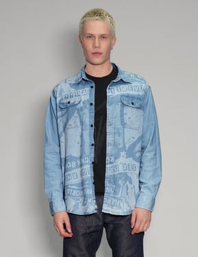 Peace' Laser Print Denim Shirt in Light Blue