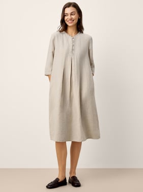 100% Linen Ruffle Trim Inverted Pleat Midi Dress LAVINIA - Willow Cream / XXL