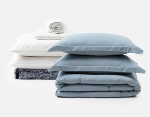 QE Home 7-Piece Move-In Bedroom Starter Bundle - Steel Blue, GOTS Certified, White, Double