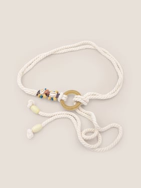 Linen Woven Belt With Wooden Beads - White / One Size