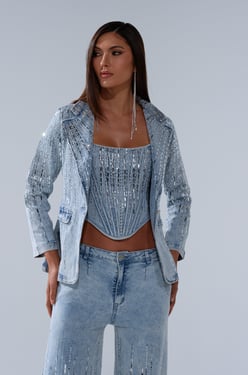 AKIRA Mila Embellished Blazer In Denim | Light Blue | Size 1X