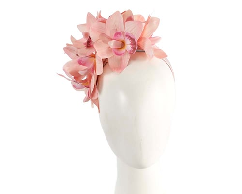 Bespoke coral pink orchid flower headband by Cupids Millinery