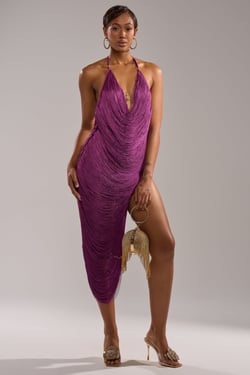 AKIRA Sofia Fringe High Slit Midi Dress In Purple | Size Large