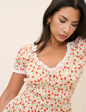 Red Floral Lace Trim Selena Mini Dress