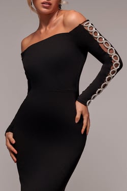 Goddiva Embellished Diamante Sleeve Bardot Maxi Dress - Black