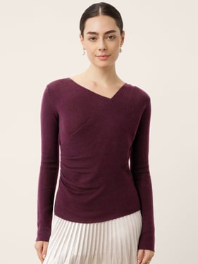 Merino Wool Side-Gathered Crossover V-Neck Top JOVANNA - Merlot Mystique / L