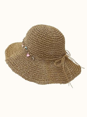 Foldable Wide Brim Straw Hat with Shell Decor - Khaki / One Size